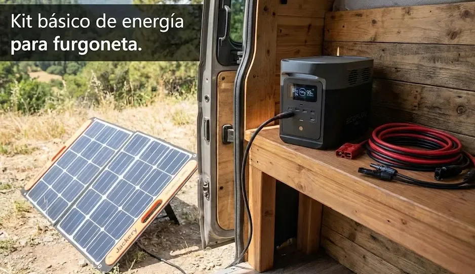 Kit básico de energía para furgoneta: estación de energía, panel solar plegable y cables de conexión