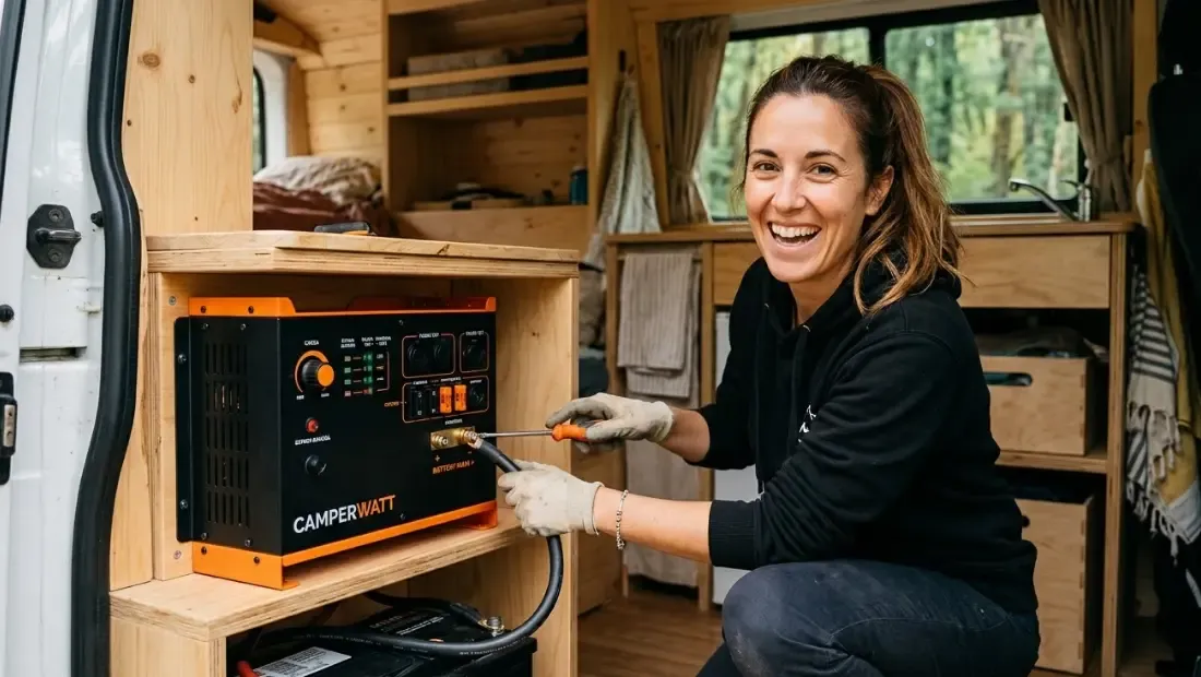 Una persona sonriendo instalando un kit eléctrico camper preconfigurado de color negro y naranja dentro del mueble de madera de una furgoneta, conectando un solo cable grueso.