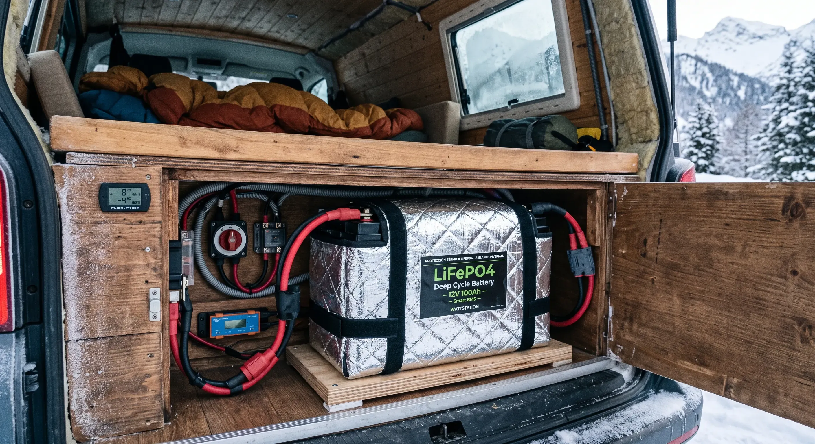 Batería LiFePO4 con manta térmica instalada en compartimento de camper para protegerla del frío