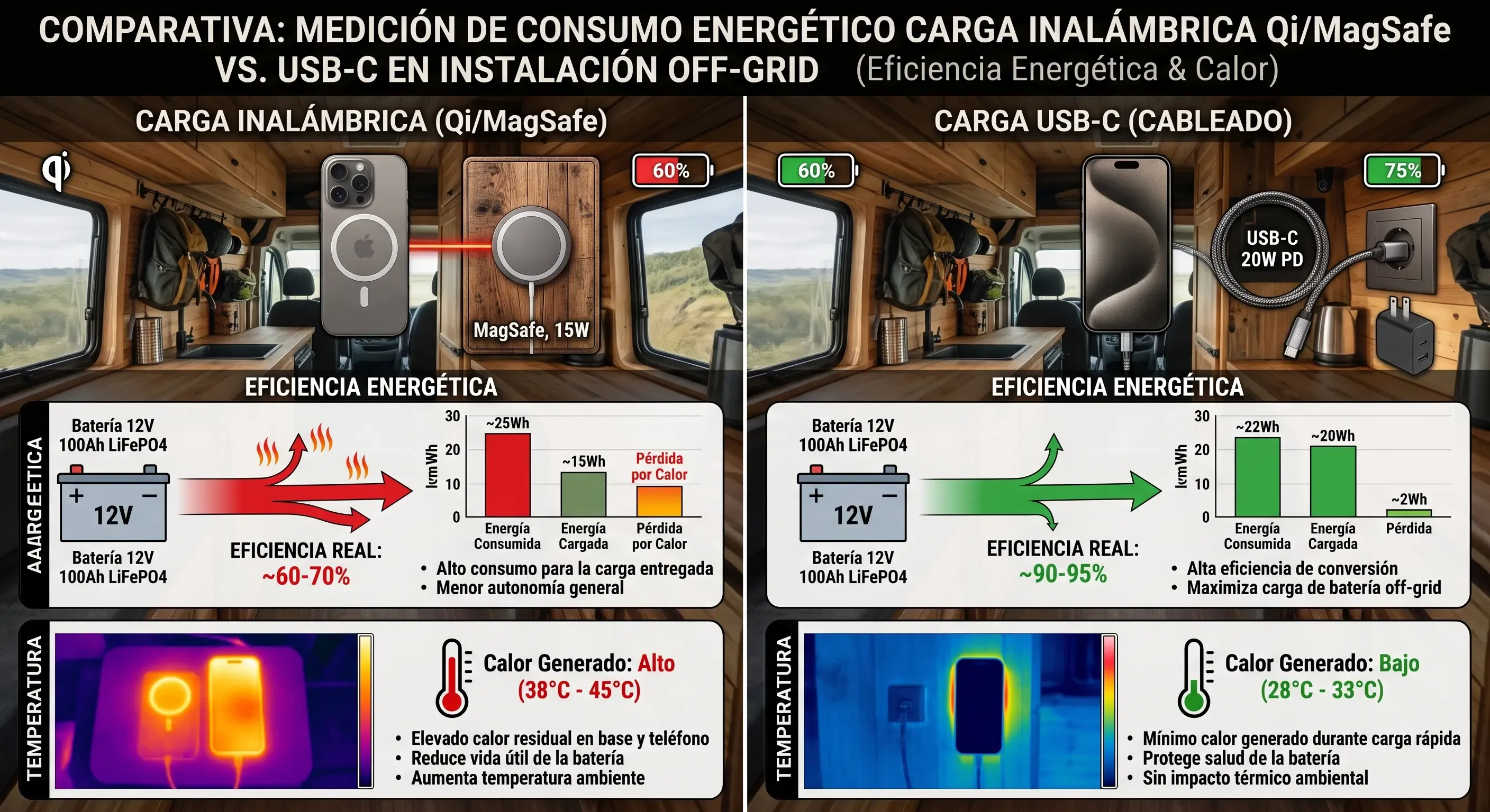 Medición de consumo energético comparando carga inalámbrica Qi/MagSafe y cable USB-C en una instalación off-grid