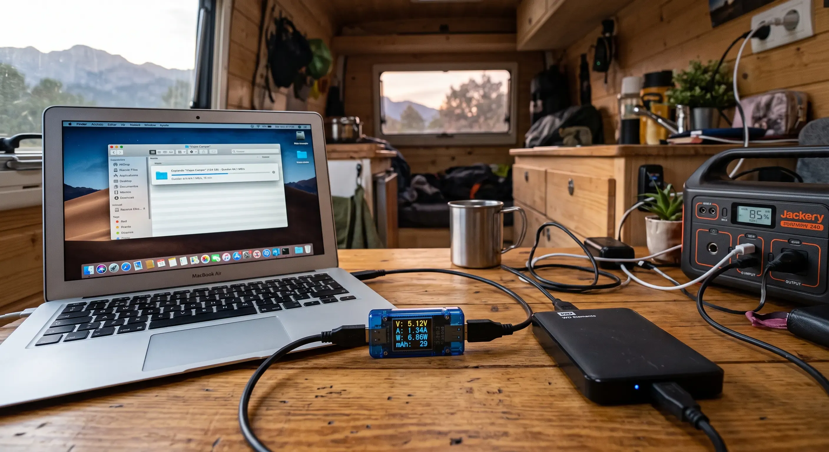 Medición del consumo de un disco externo con medidor USB durante una transferencia de archivos en una instalación camper