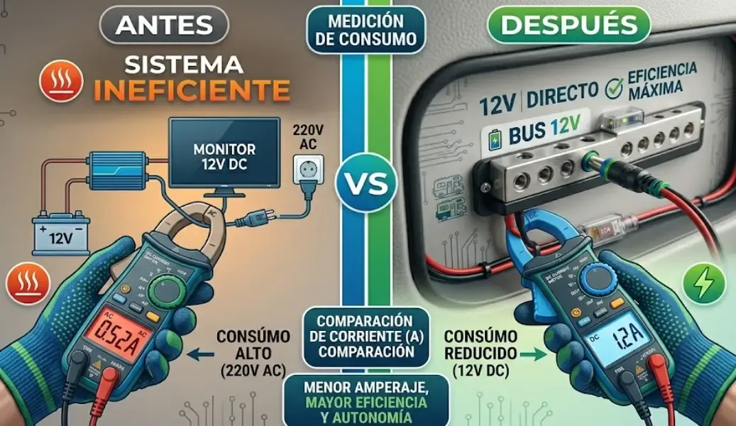 Medición con pinza amperimétrica DC antes y después de modificación monitor