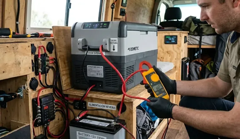 Pinza amperimétrica midiendo el consumo real de una nevera 12V durante una prueba, con una libreta de anotaciones al lado y la nevera en funcionamiento sobre una mesa de camping