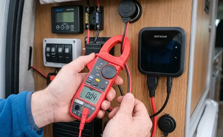 Medición con pinza amperimétrica DC del consumo fantasma de un router MiFi Netgear M6 Pro 5G en instalación camper real