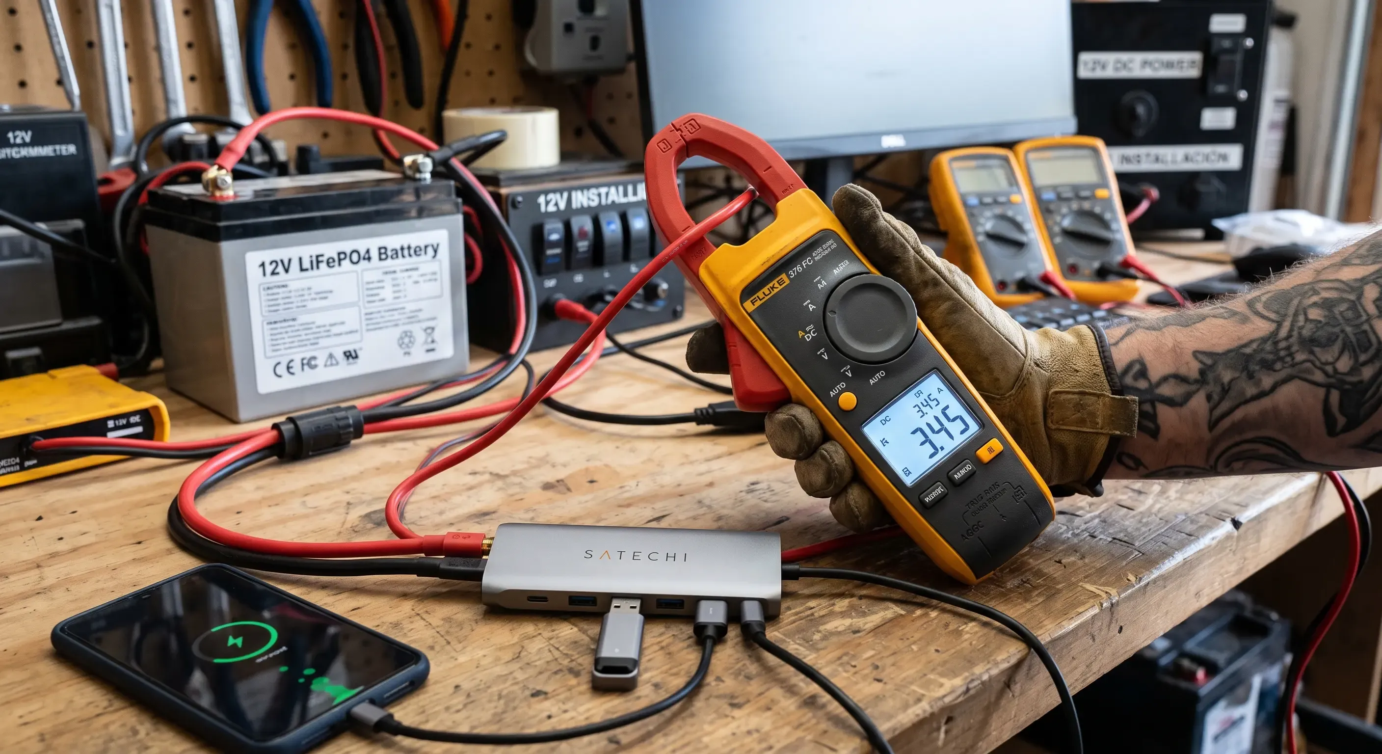 Medición con pinza amperimétrica del consumo de un hub USB-C con Power Delivery en instalación de 12 V