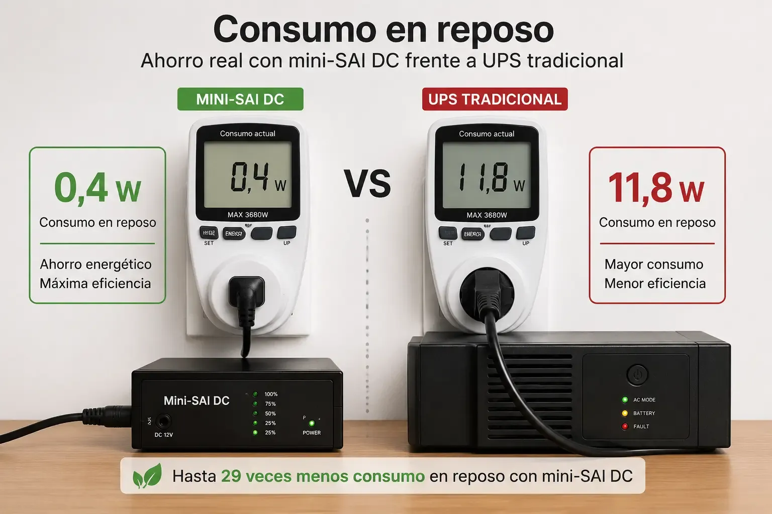 Medidor mostrando 0,4 W de consumo del mini-SAI DC en reposo, frente a los 11,8 W del UPS tradicional.