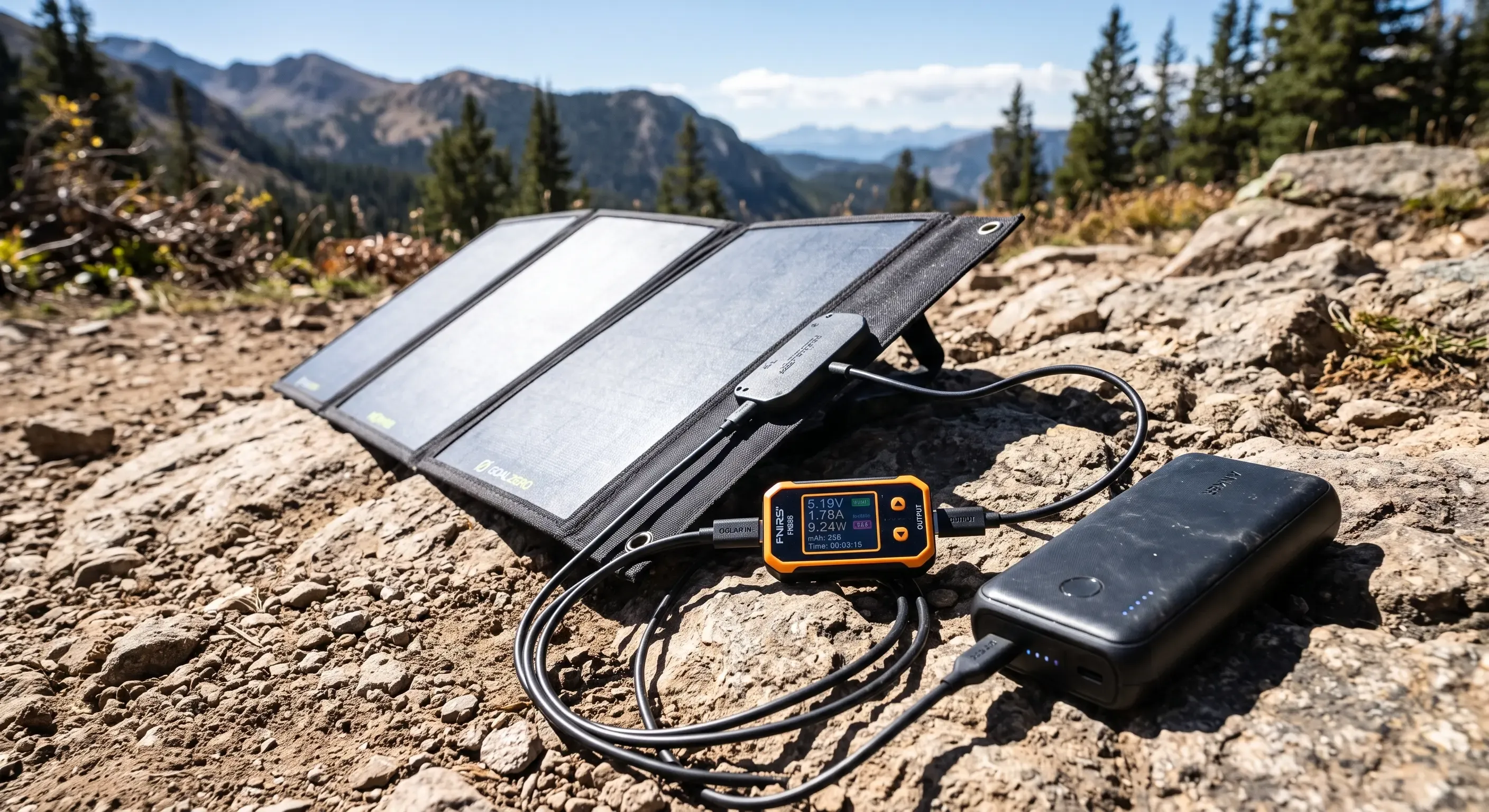 Medidor USB-C de potencia conectado entre el panel solar plegable y el power bank durante las pruebas de campo