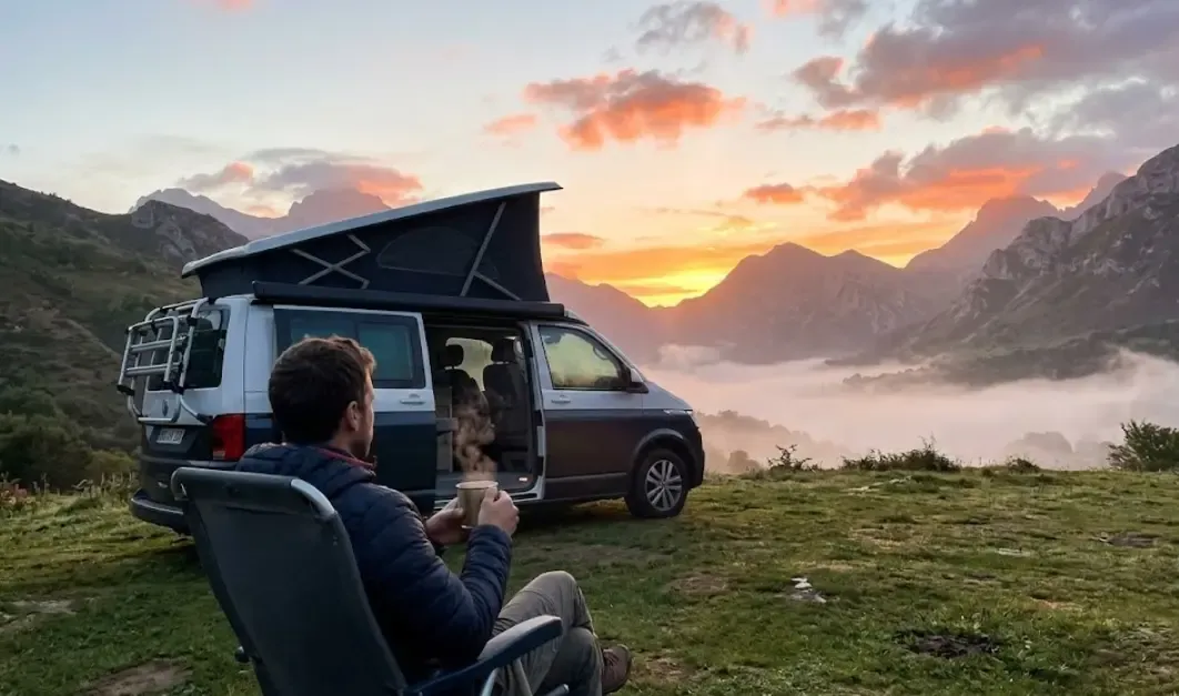 Persona disfrutando de un café recién hecho frente a una furgoneta camper con vistas a la montaña al amanecer