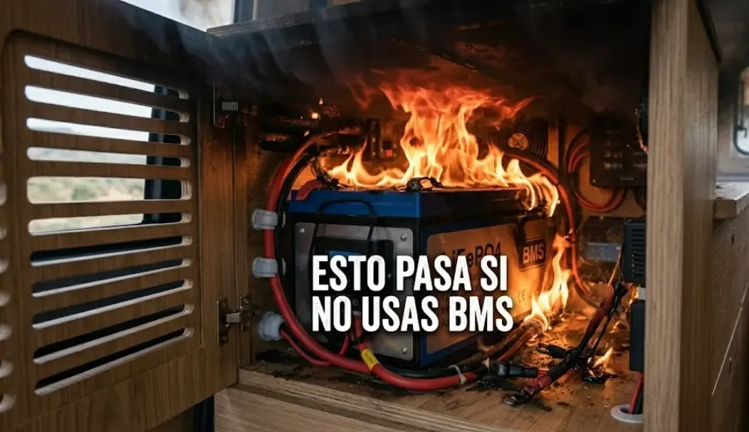 Meme: batería en llamas con texto "Esto pasa si no usas BMS"