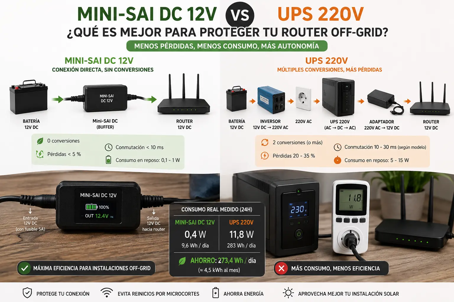 Cómo evitar que el router se reinicie en una instalación solar off-grid (mini-SAI DC 12V vs UPS 220V)