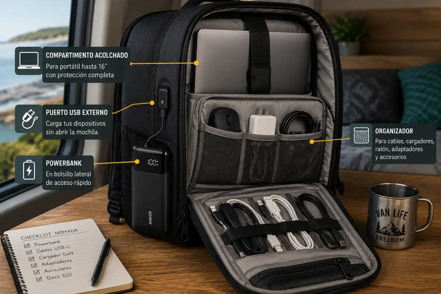 Mochila digital abierta mostrando la organización interior: portátil en compartimento acolchado, powerbank en bolsillo lateral, cable USB-C conectado al puerto externo y organizador de cables.