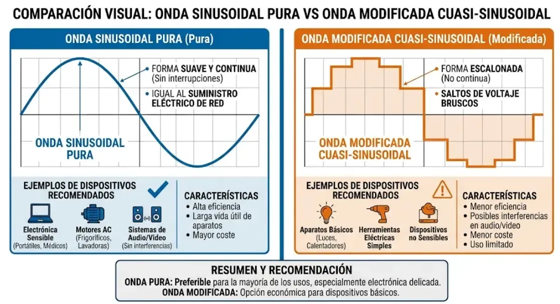 Comparación visual entre forma de onda sinusoidal pura y onda modificada cuasi-sinusoidal