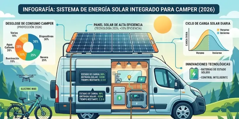 Panel solar portátil conectado a una estación de energía EcoFlow en un camping al atardecer