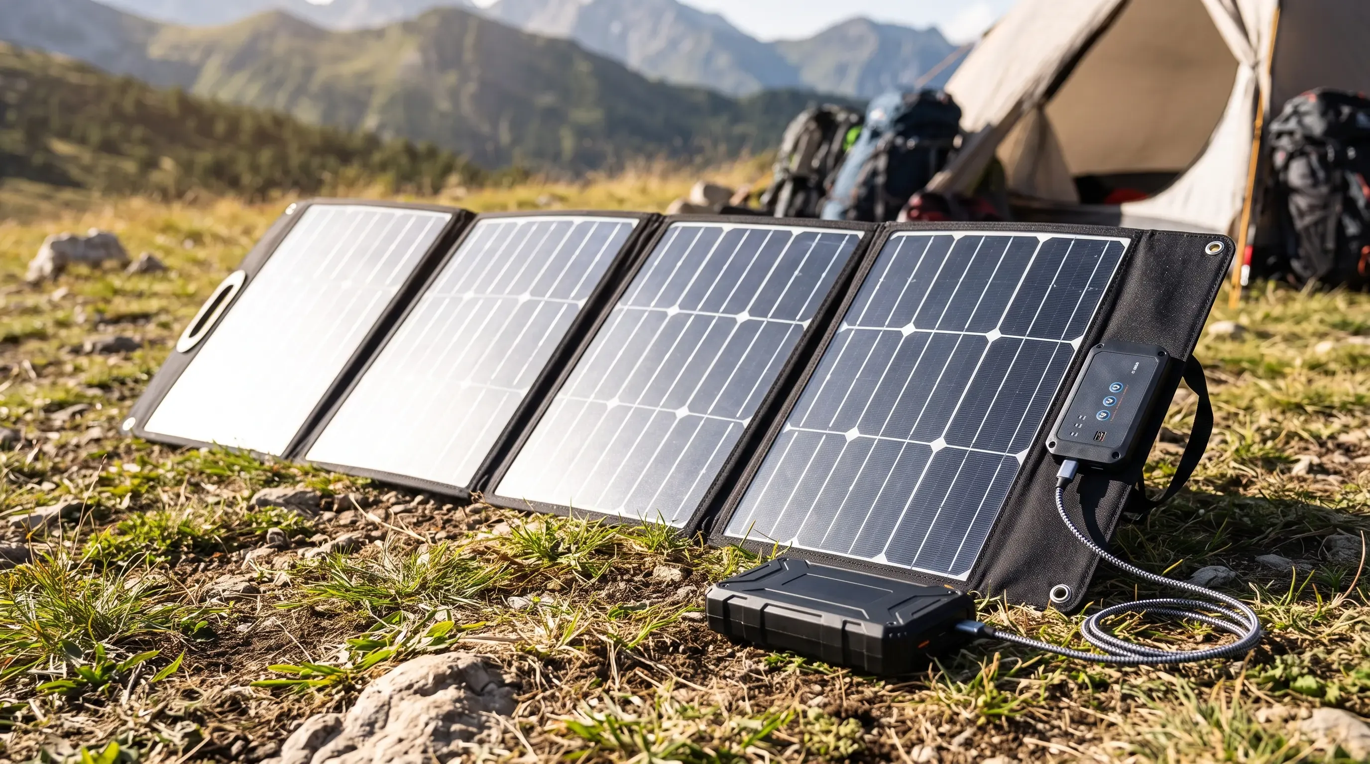 Panel solar plegable de 100 W desplegado sobre el suelo junto a un power bank USB-C conectado