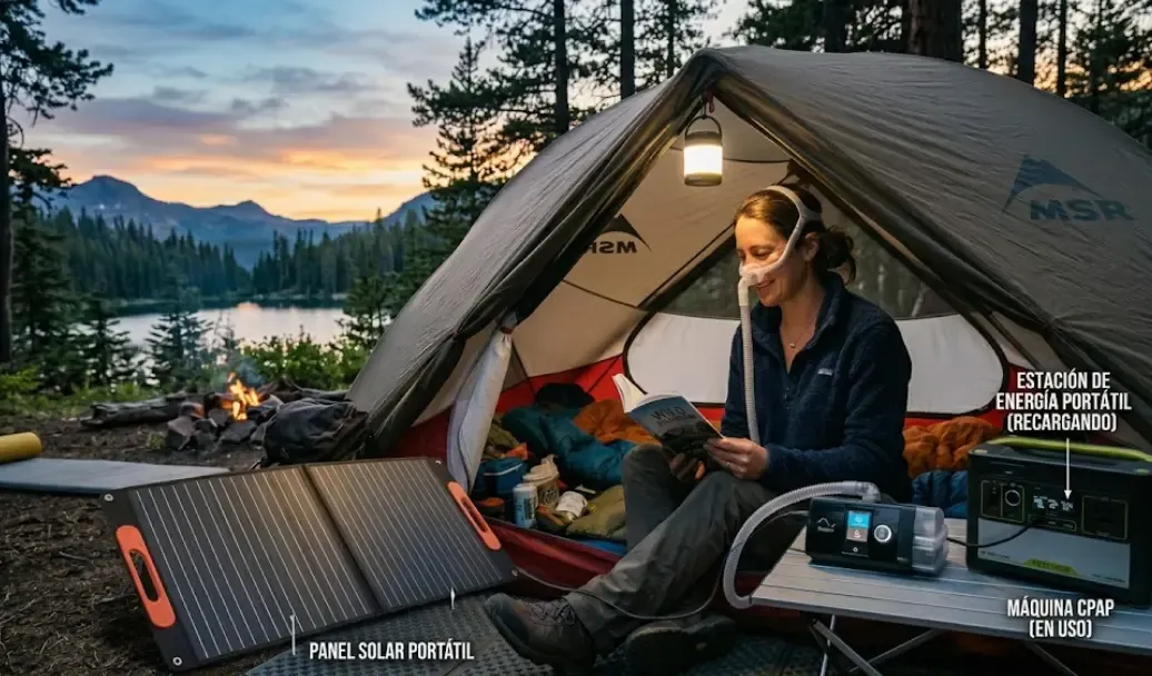 Panel solar portátil recargando batería en camping con CPAP