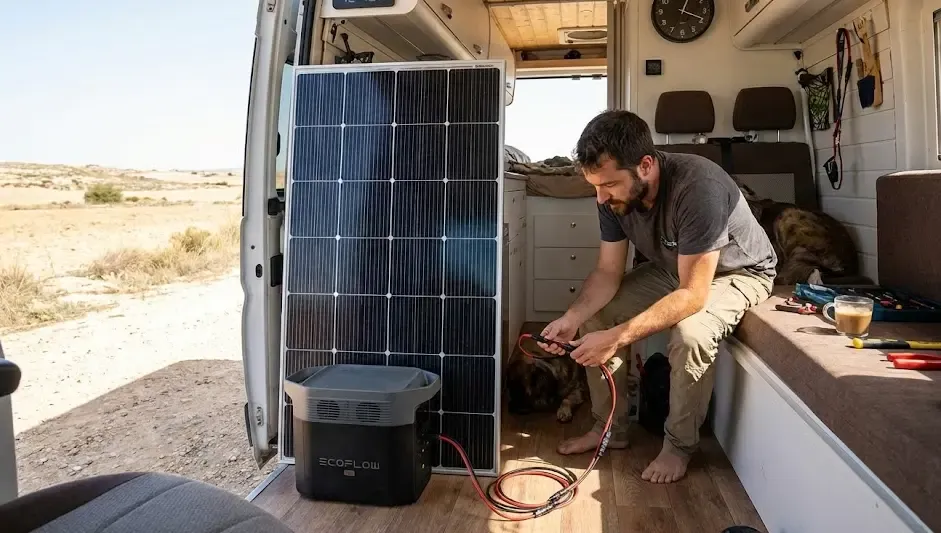 Persona conectando un panel solar rígido de terceros a una estación de energía portátil EcoFlow mediante cables MC4 en un entorno camper