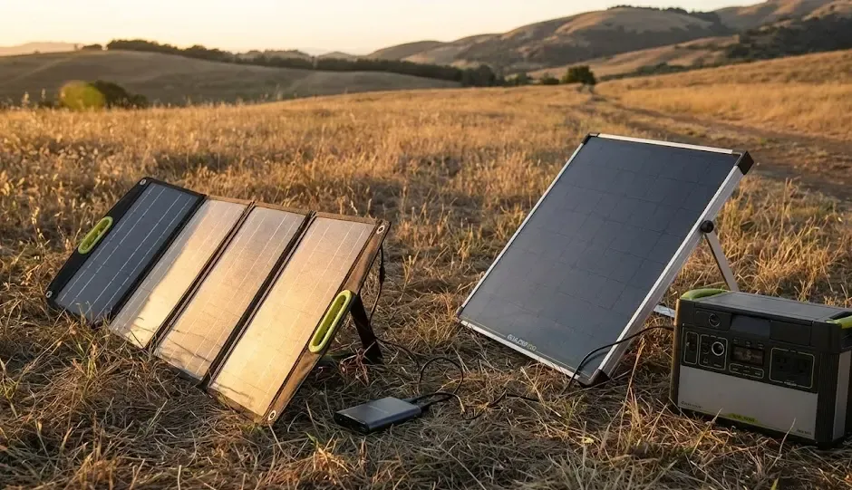 Diferencia entre panel solar Goal Zero Nomad plegable y Boulder rígido en el campo