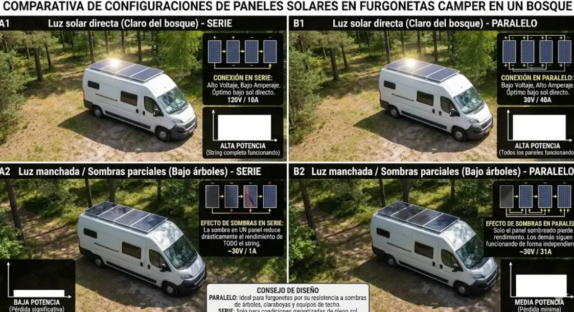 Comparativa visual de dos furgonetas camper con paneles solares conectados en serie y en paralelo bajo diferentes condiciones de luz en un bosque