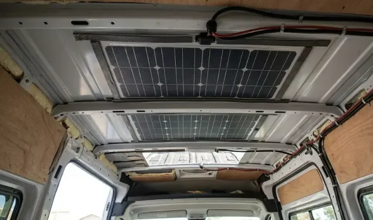 Paneles solares semi-rígidos pegados al techo con cinta VHB, vistos desde el interior