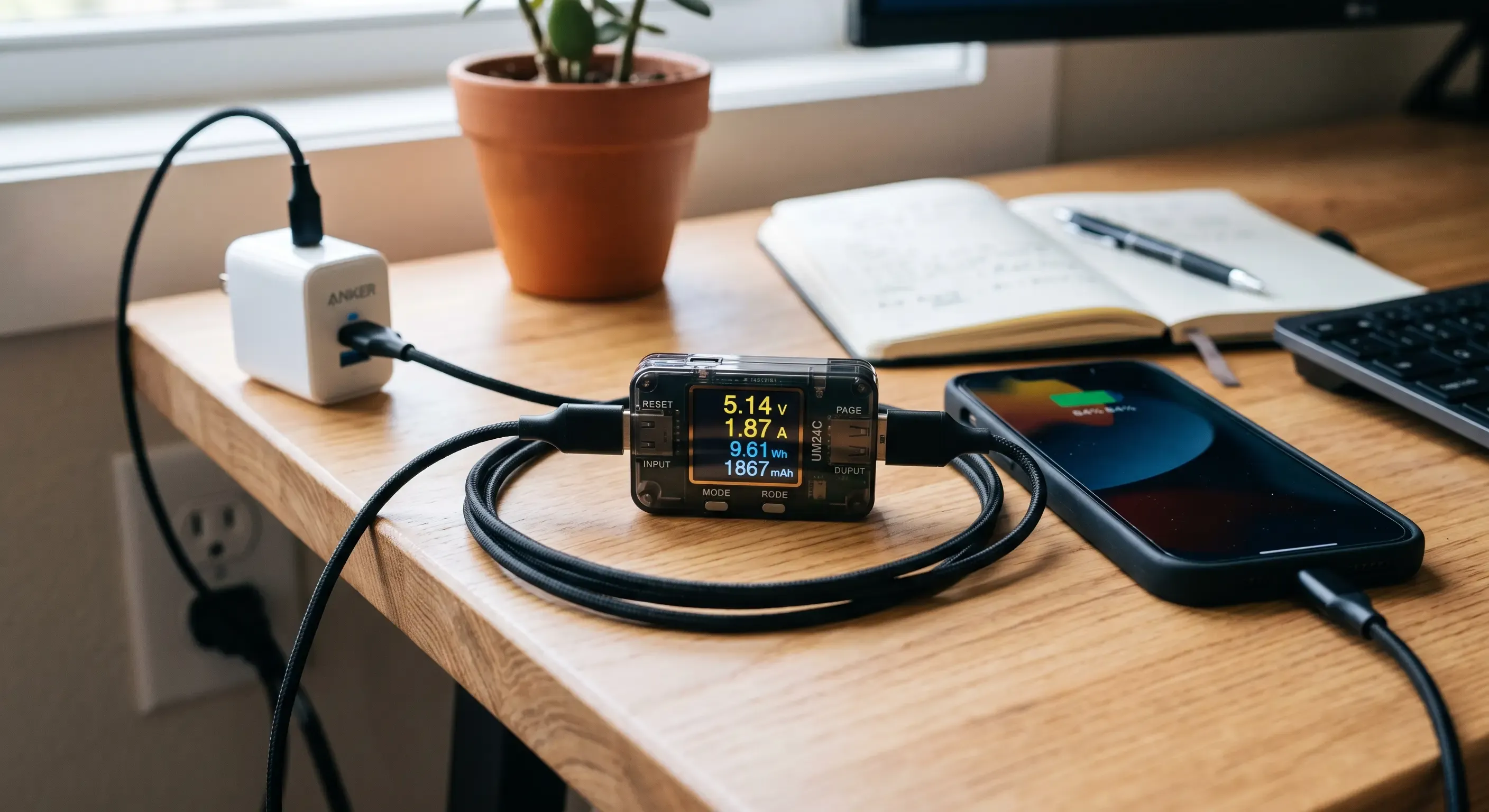 Medidor USB externo mostrando voltaje, amperaje y energía acumulada