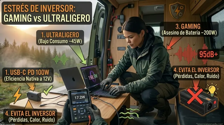 Portátil Gaming vs Ultraligero en Camper: Impacto Energético