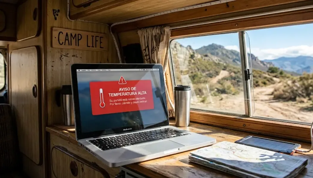 Portátil con aviso de temperatura alta junto a una ventana en una furgoneta camper