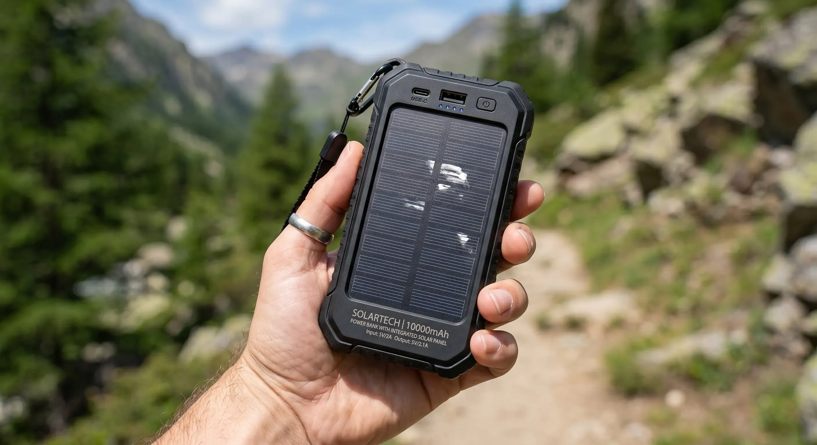 Power bank con panel solar integrado en la mano, mostrando el pequeño panel fotovoltaico en la carcasa trasera