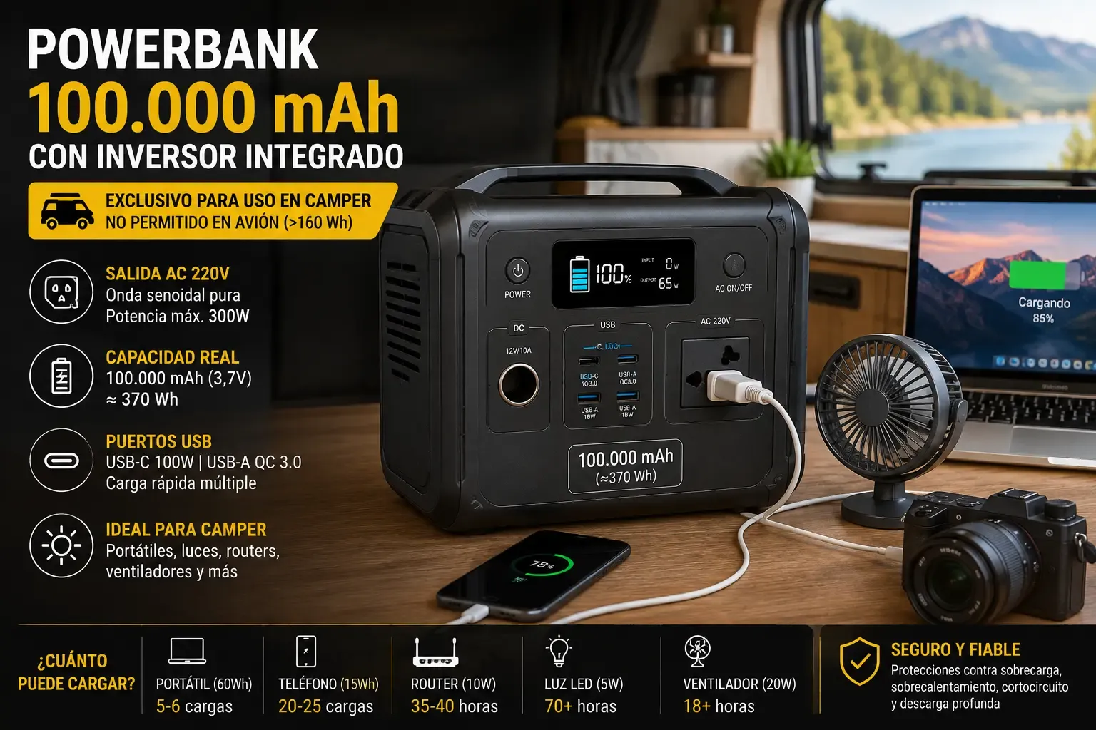 Powerbank de 100.000 mAh con inversor integrado, exclusivo para uso en camper