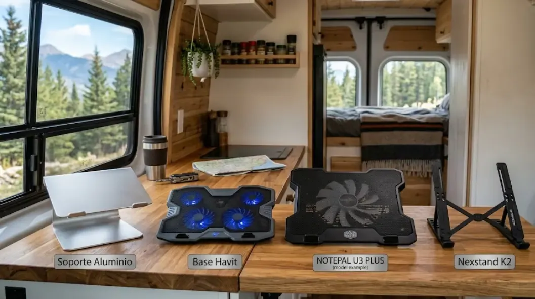 Comparativa visual de los cuatro productos recomendados: soporte aluminio, base Havit, Cooler Master y Nexstand sobre una mesa de camper
