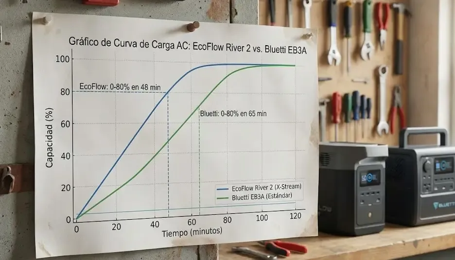 Gráfico de curva de carga AC entre EcoFlow River 2 y Bluetti EB3A