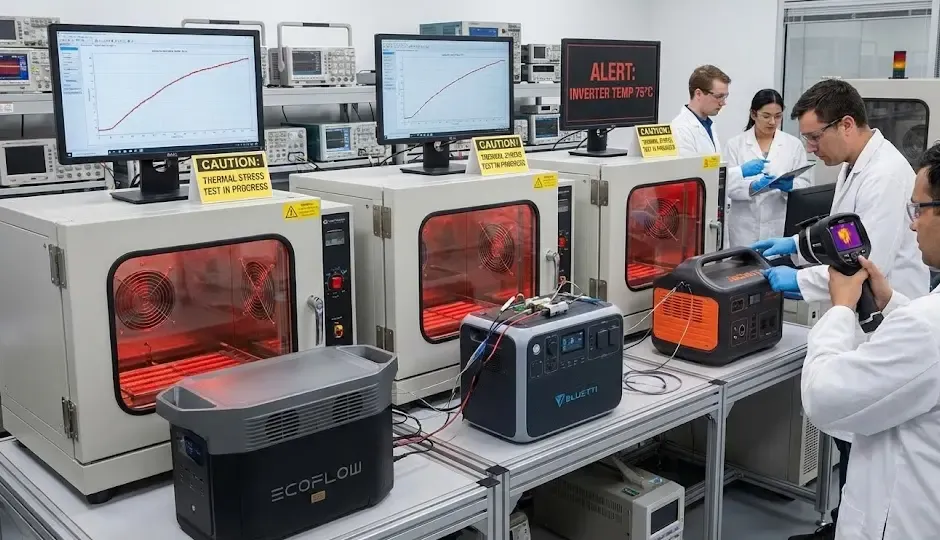 Pruebas de estrés térmico en inversores de estaciones de energía portátiles