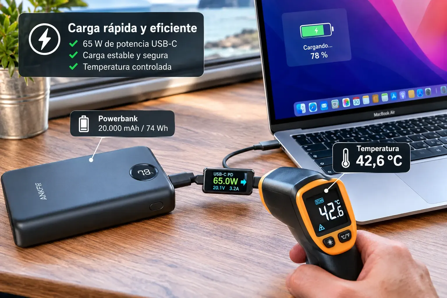 Powerbank conectado a un MacBook Air con tester USB-C mostrando 65 W y termómetro infrarrojo marcando la temperatura superficial.