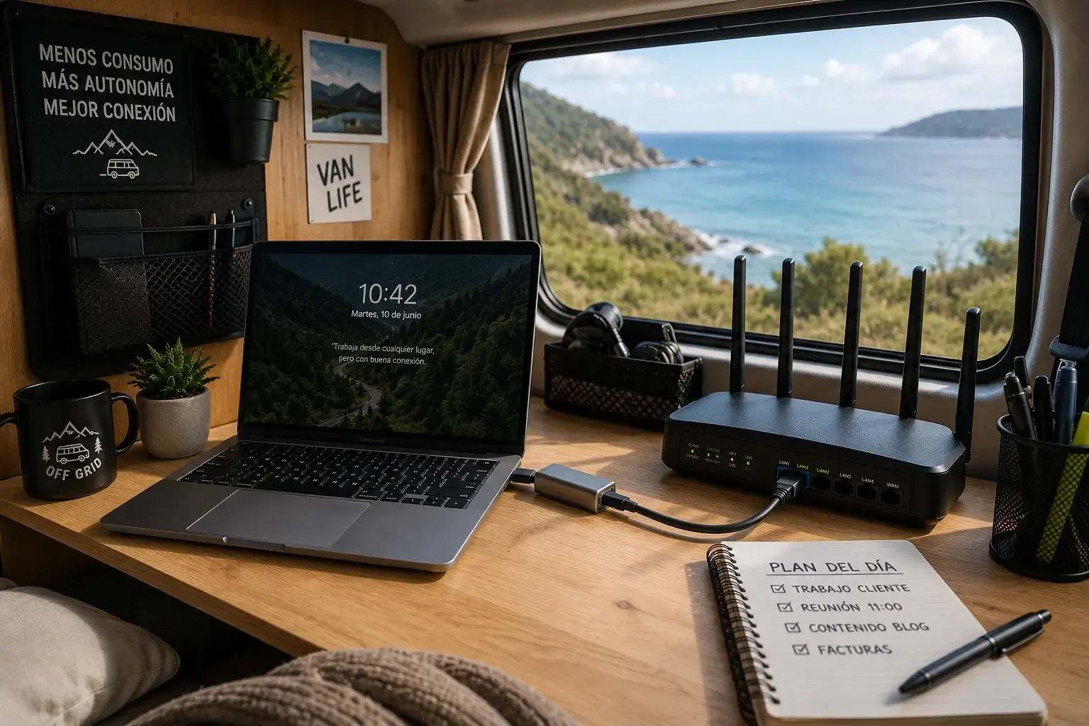 Puesto de teletrabajo en furgoneta camper con router y cable de red