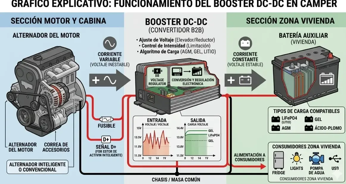 Gráfico explicativo mostrando un Booster DC-DC entre el alternador del motor y la batería de la zona vivienda de una furgoneta camper