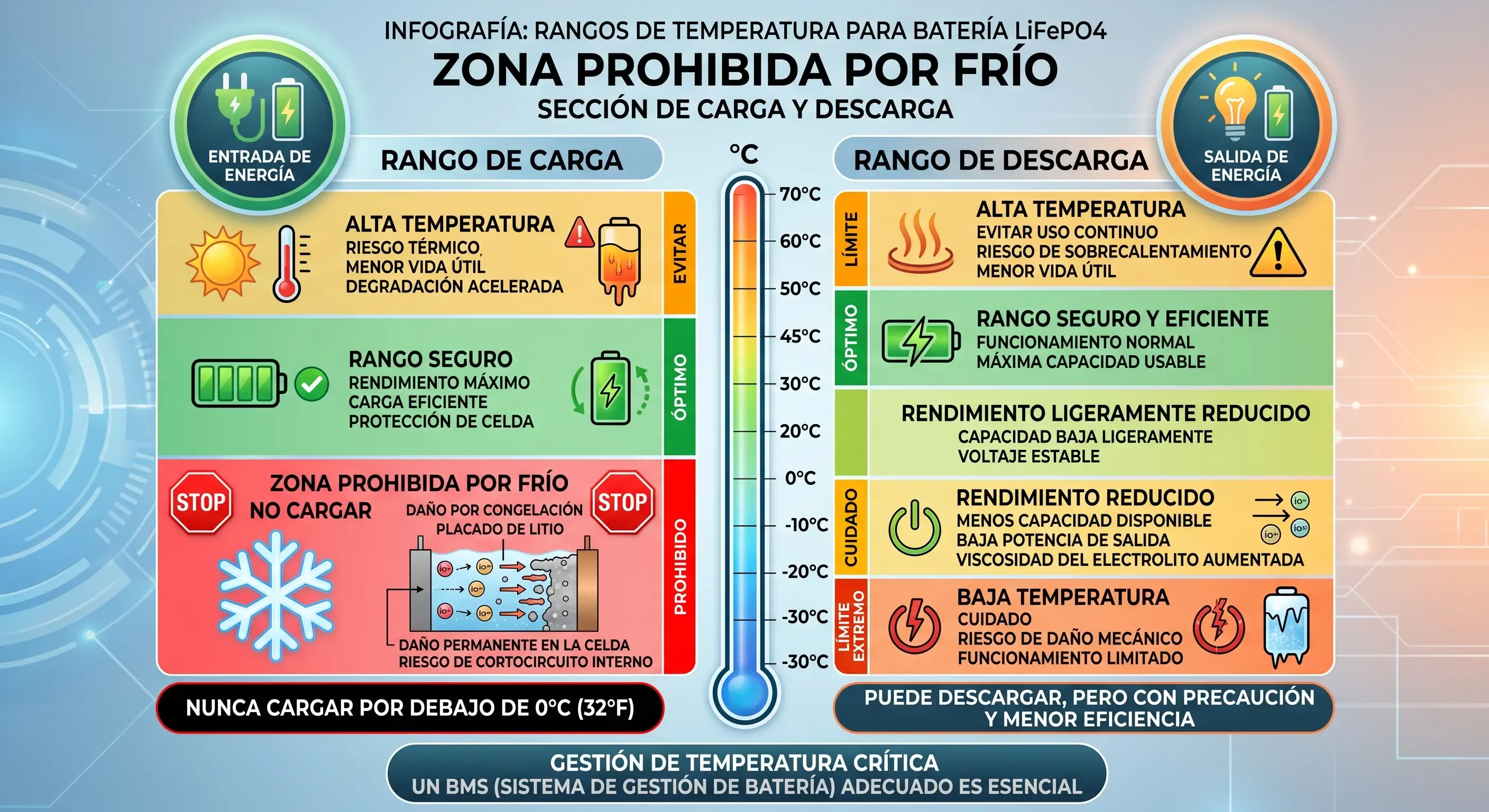 Infografía con rangos de temperatura de carga y descarga para batería LiFePO4 mostrando zona prohibida por frío
