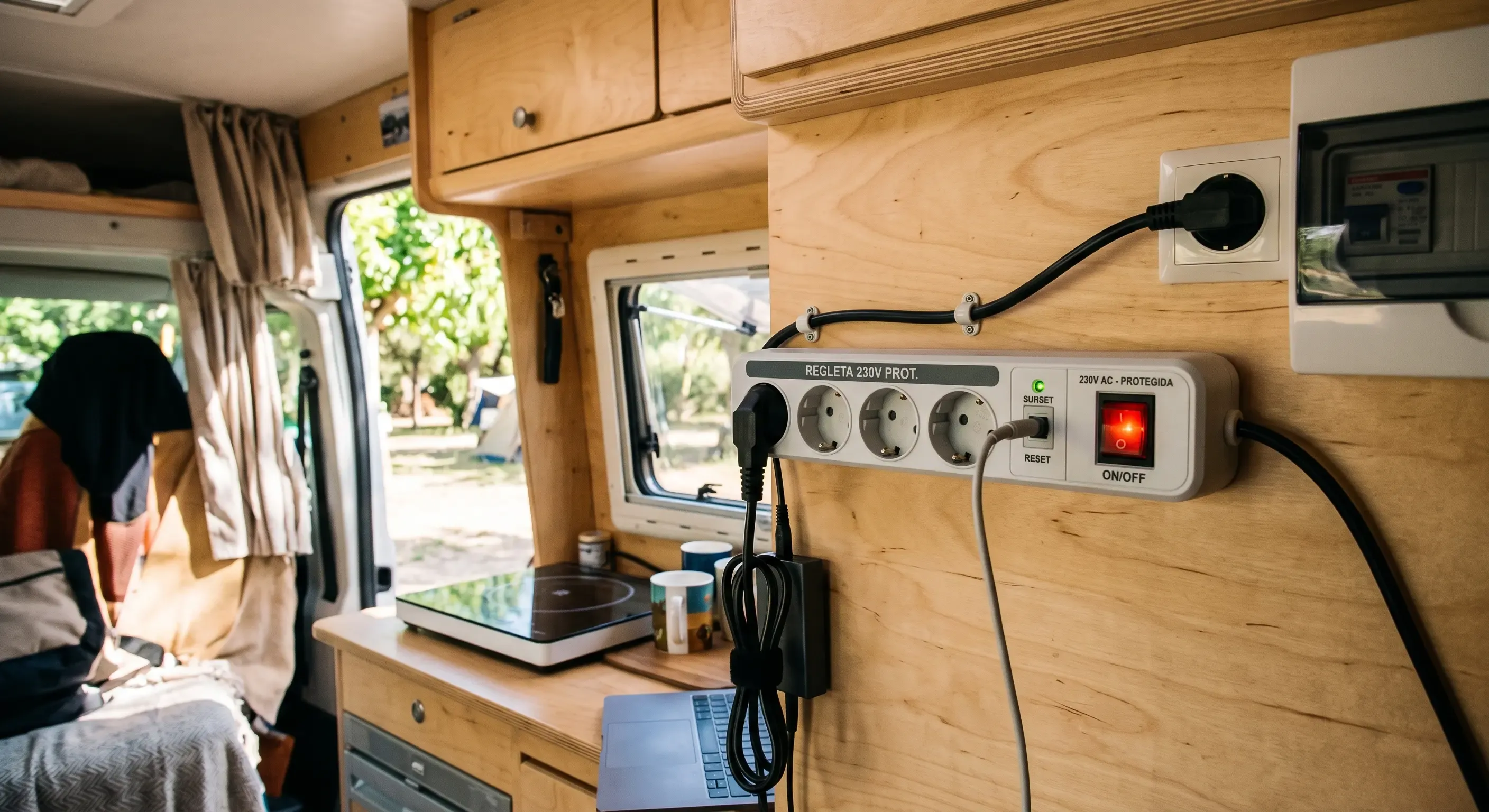 Regleta de 230V con protección en interior de camper