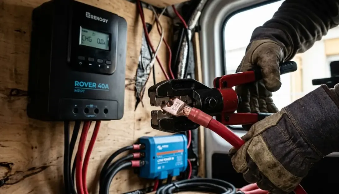 Miguel, el técnico de Energía Nómada, crimpando terminales gruesos para conectar el regulador Renogy Rover MPPT dentro de una furgoneta camper.