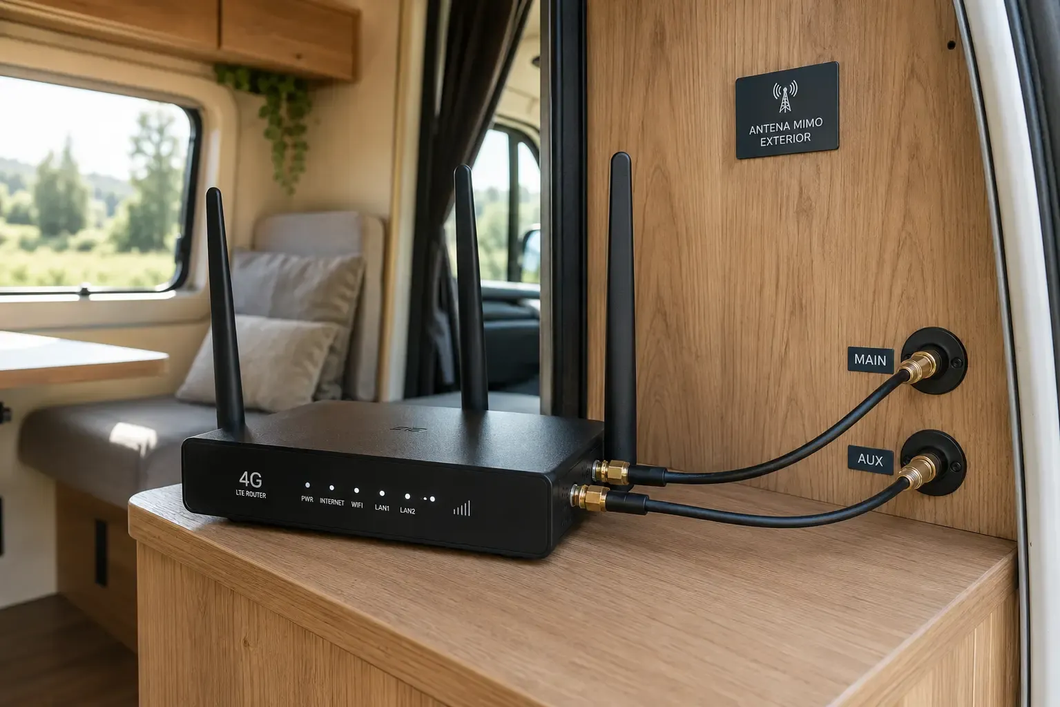 Router 4G con antena MIMO exterior conectada mediante cable SMA en el interior de una furgoneta camper