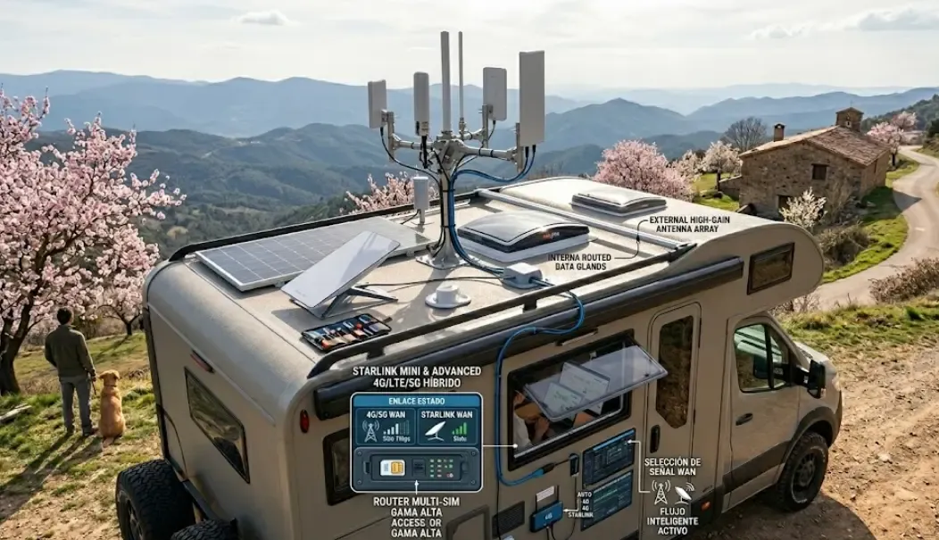 Router 4G con antenas externas instalado en autocaravana