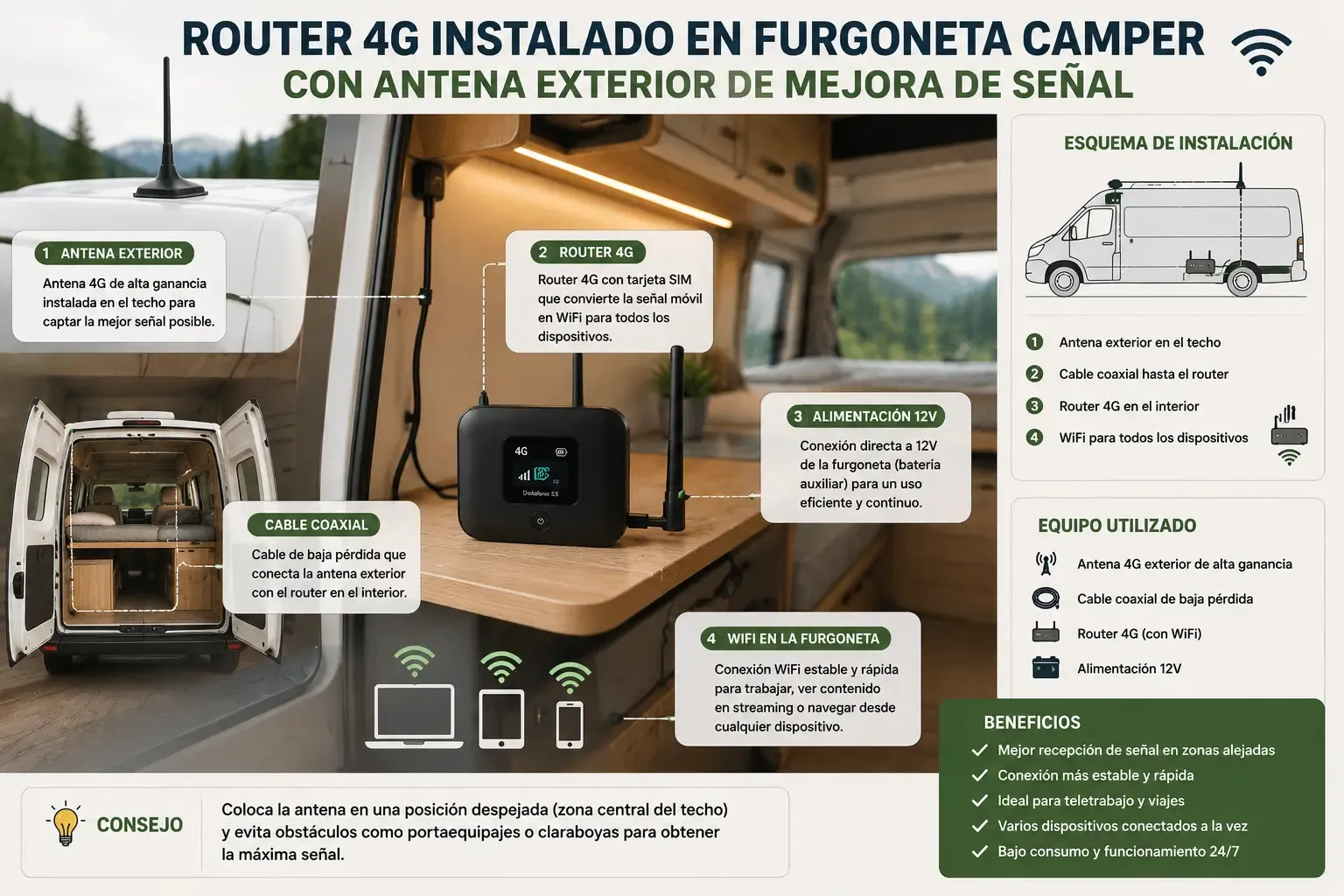 Router 4G instalado en furgoneta camper con antena exterior de mejora de señal