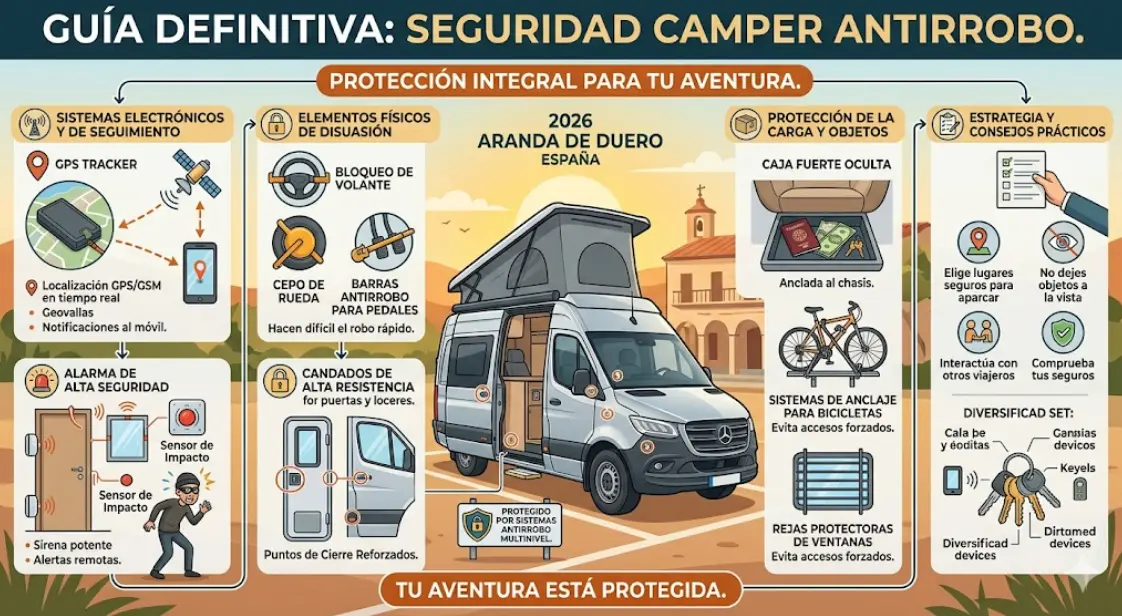 Seguridad Camper: Guía Antirrobo Definitiva 2026 (Candados, Alarmas y Localizadores GPS)