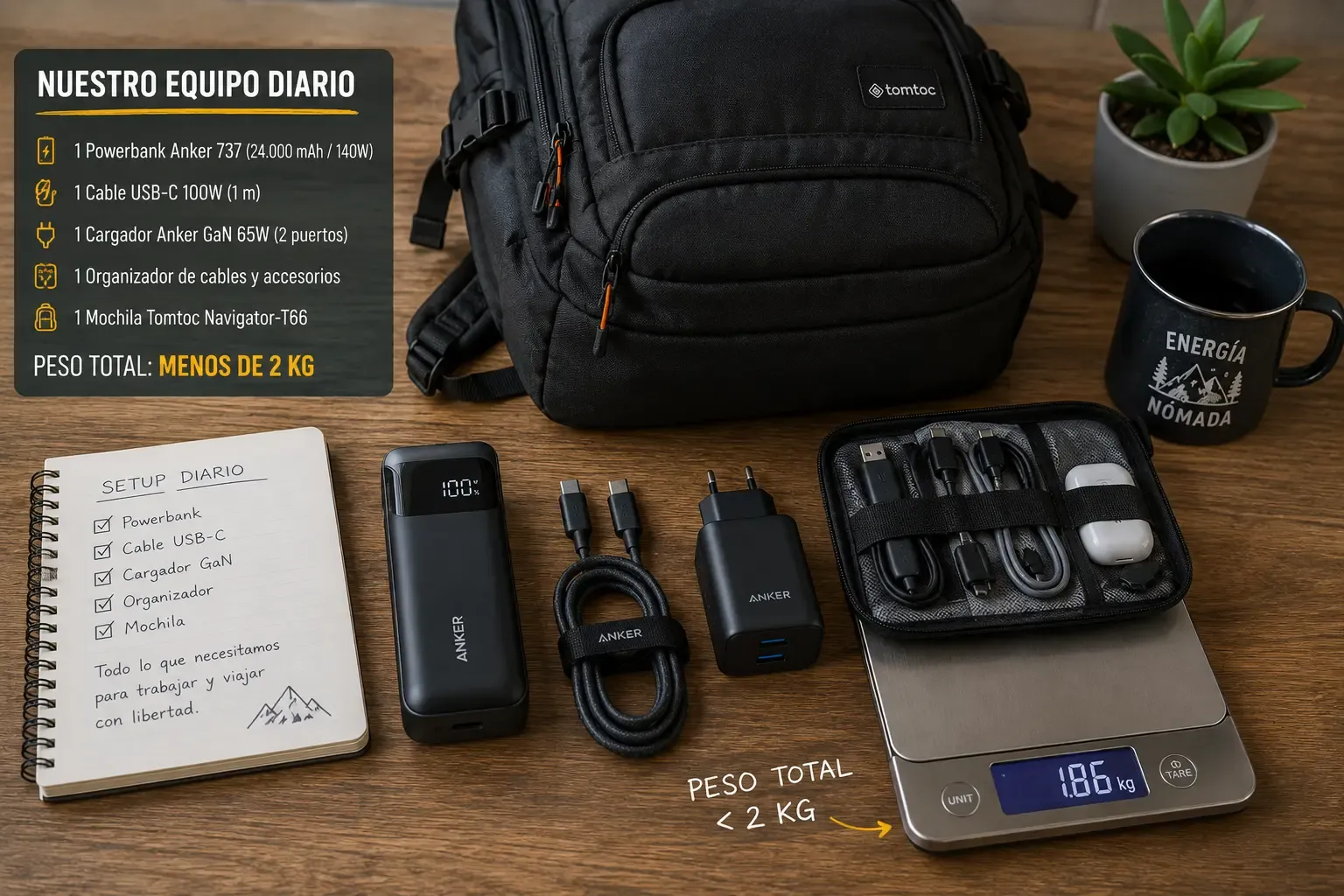 Equipo diario completo sobre una superficie: powerbank, mochila, cable, cargador GaN, organizador y báscula marcando menos de 2 kg.