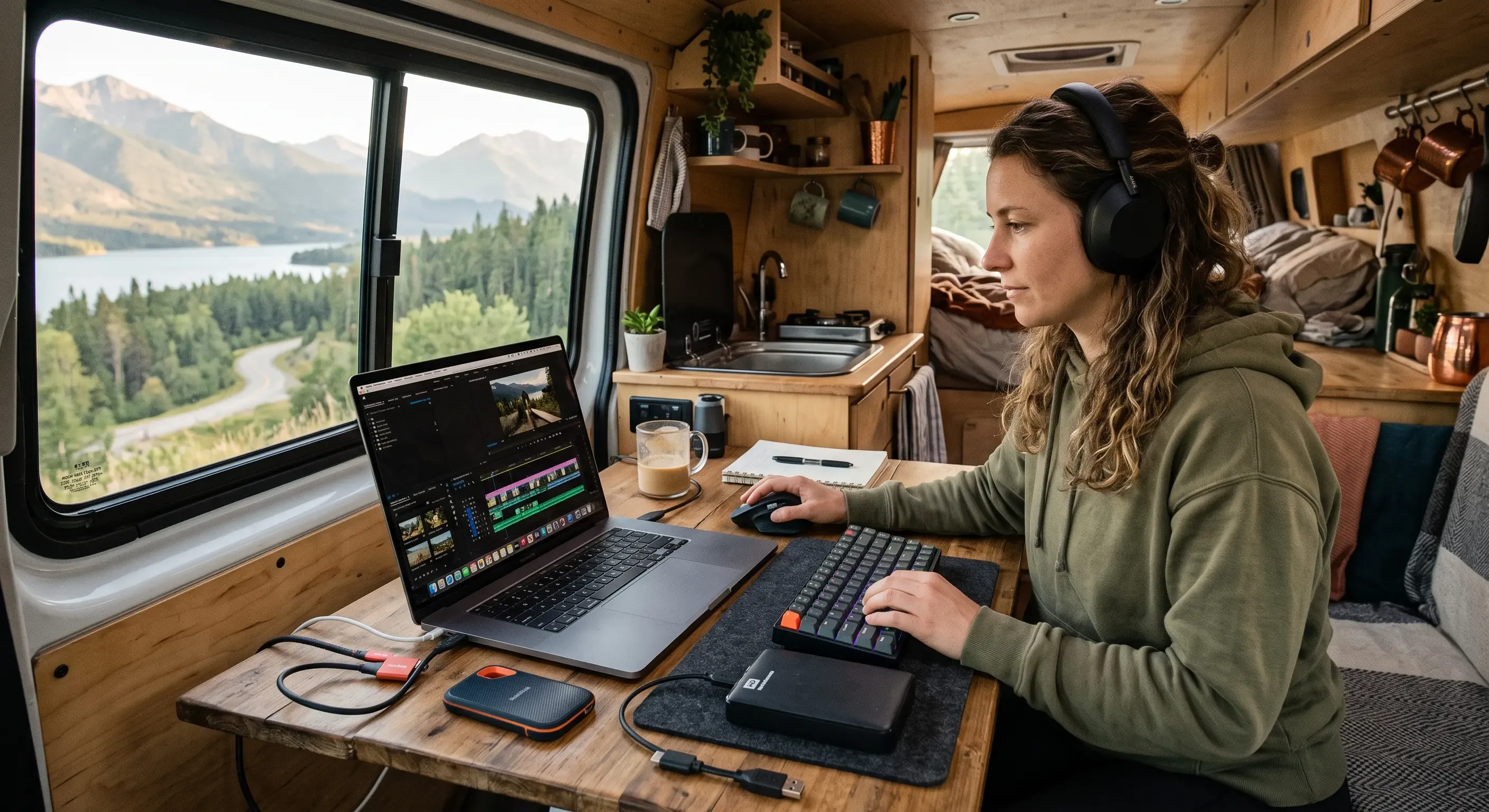 Setup real de trabajo en furgoneta camper con SSD portátil y HDD externo conectados al portátil durante una sesión de edición
