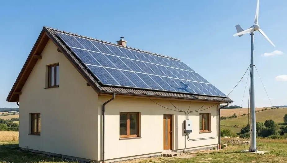 Fotografía exterior de una vivienda unifamiliar equipada con paneles solares en el tejado y un aerogenerador doméstico en un mástil lateral, ilustrando un sistema de energía renovable híbrido.