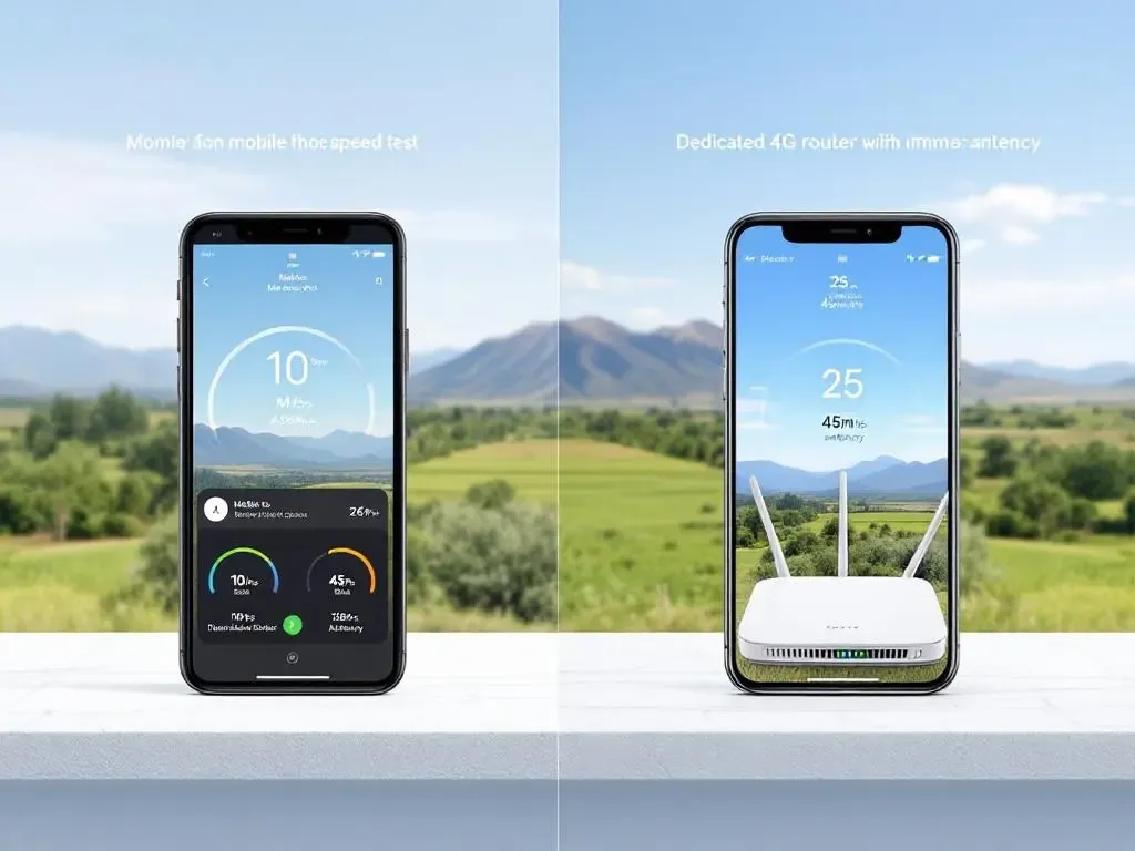 Speedtest real: hotspot móvil vs router dedicado con antena externa en zona rural. Izquierda: 10 Mbps y 120ms de latencia. Derecha: 25 Mbps y 45ms de latencia. Misma SIM, mismo momento.