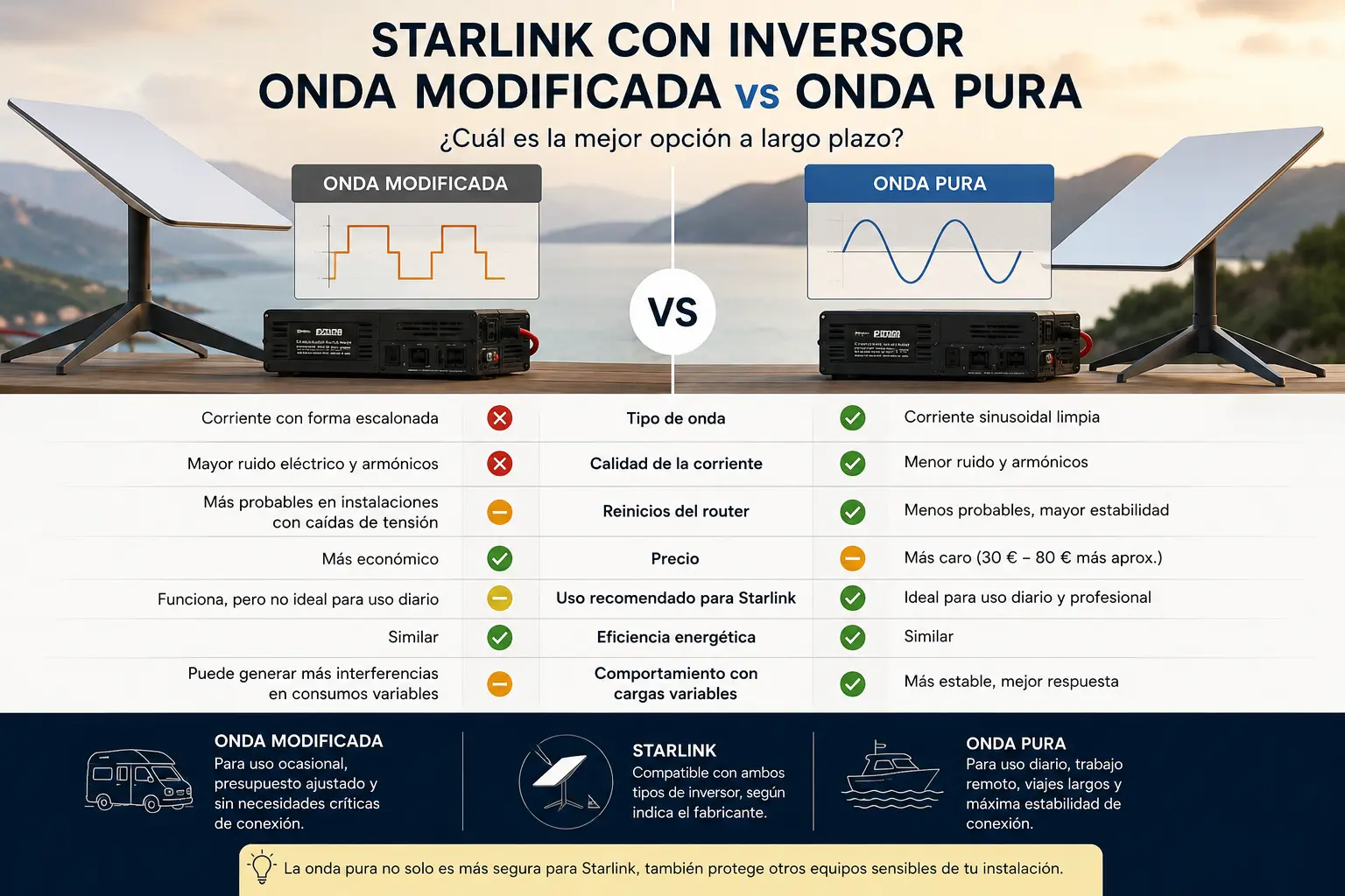 Starlink con inversor de onda modificada vs onda pura: qué pasa a largo plazo