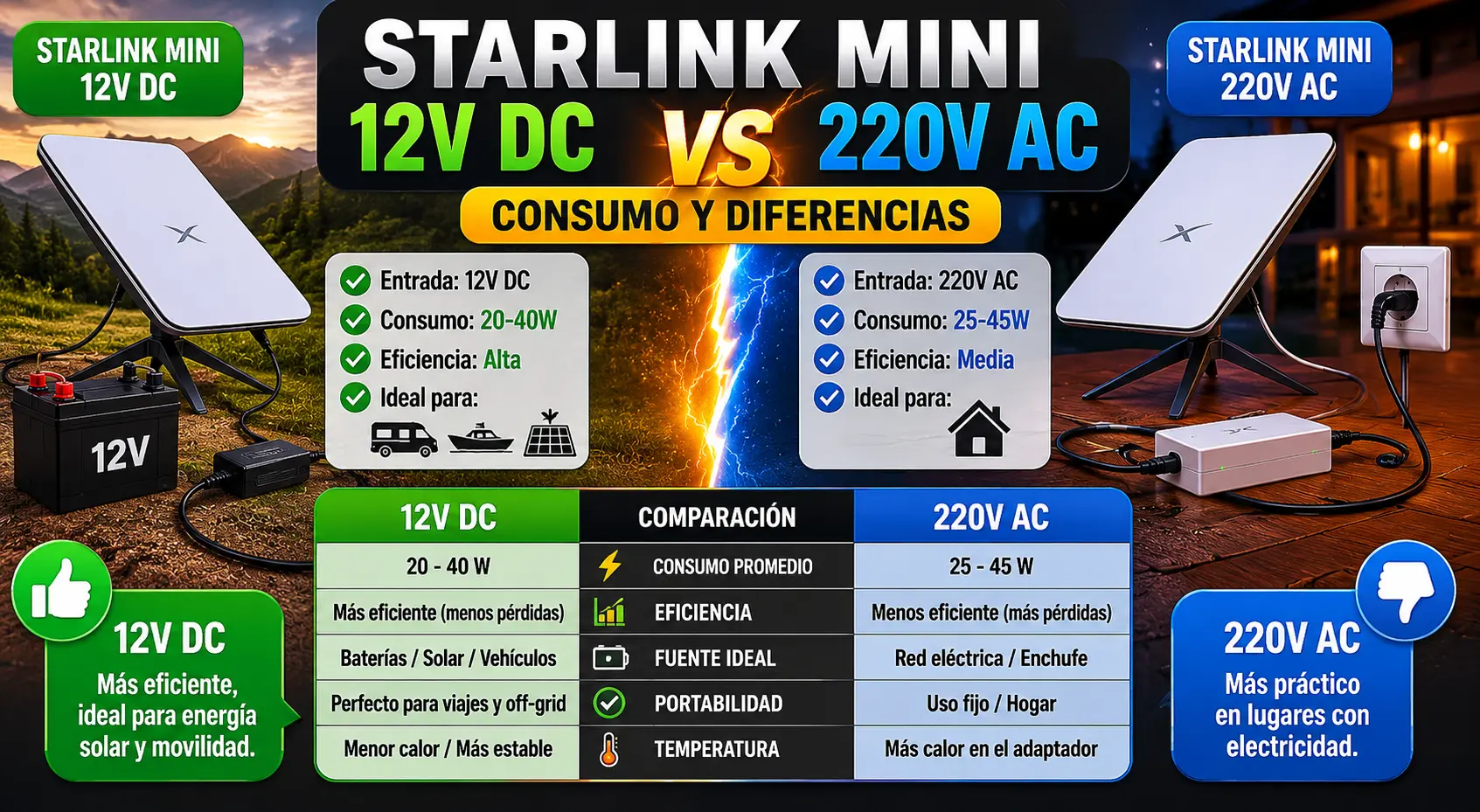Starlink Mini 12V vs Estándar 220V: ¿cuál gasta menos batería en camper o autocaravana?