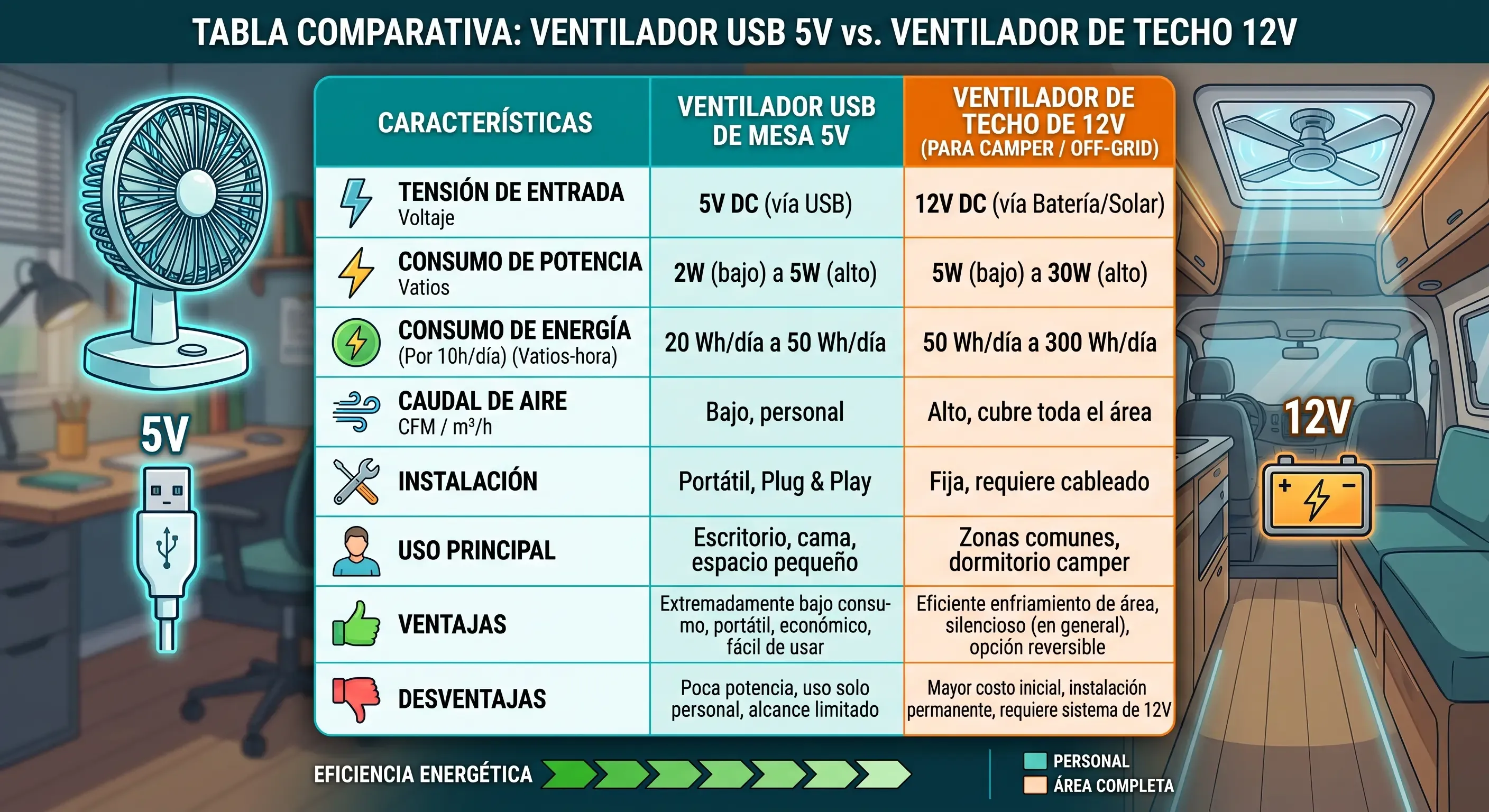 Tabla comparativa de consumo y características entre ventilador USB de 5V y ventilador de techo 12V