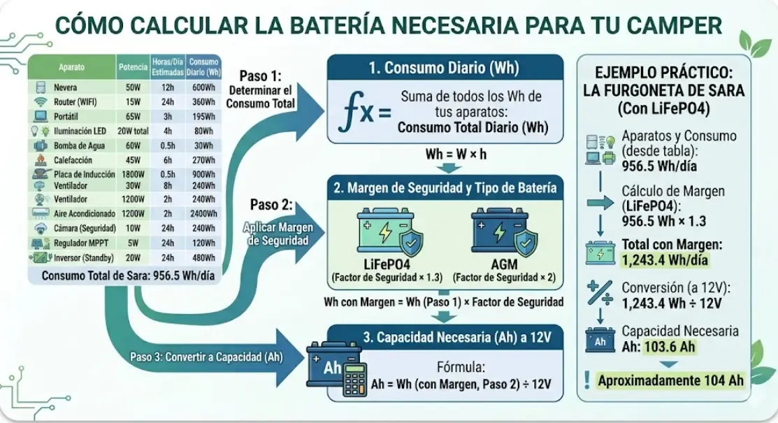 Infografía de consumo eléctrico camper con aparatos comunes