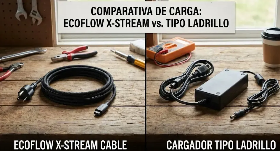 Comparativa visual cable X-Stream EcoFlow frente a cargador tipo ladrillo